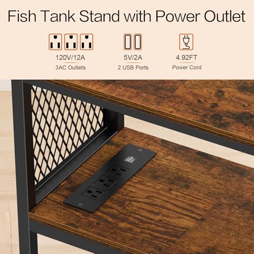 Snughome 10 Gallon Fish Tank Stand with Power Outlets, Aquarium Stand with Storage, 3 Tier Heavy Metal Reptile Tank Stand Fish Tank Shelf 20.47" x 11.42" x 30.91", Rustic Brown - color: Rustic Brown with Power Outlet