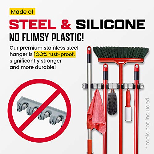 2 Pack Wall Mount Hanger for Brooms & Mops - Adhesive Stainless Steel Mop Hanger for Wall, 4 Clamps, 3 Hooks, 10 Towel Hanger Clips Including Mounting Hardware for Tools Organization - style: 2-Pack