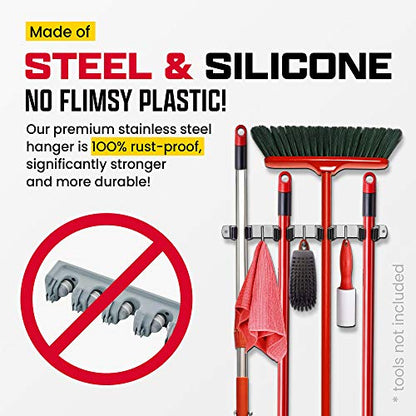 2 Pack Wall Mount Hanger for Brooms & Mops - Adhesive Stainless Steel Mop Hanger for Wall, 4 Clamps, 3 Hooks, 10 Towel Hanger Clips Including Mounting Hardware for Tools Organization - style: 2-Pack