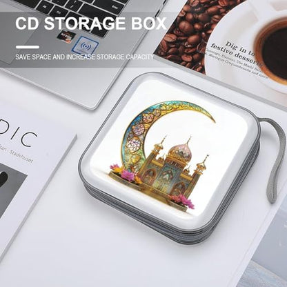 Stained Glass Golden Crescent Moon And Islamic House CD Case DVD Storage Case Portable CD Case Holder Storage CD Wallet Holder Organizer for Car Home Travel