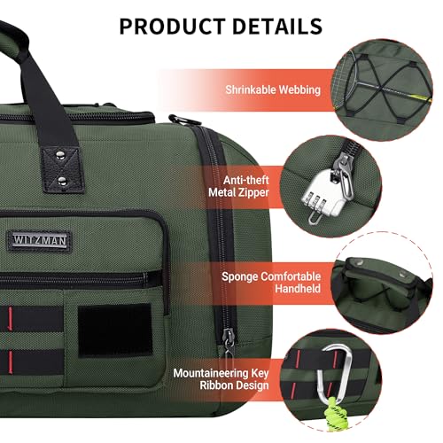 WITZMAN Travel Duffel Bags for Men Large Carry On Weekender Overnight Bag 3 in 1 Backpack with Shoe Compartment (B693 Army Green） - color: Army Green