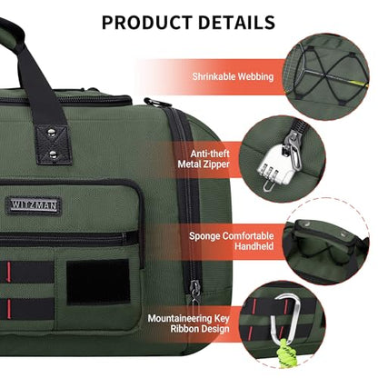 WITZMAN Duffle Bag for Men 3 in 1 Convertible 45L Nylon Gym Travel Backpack | Multi-pockets with Shoe Compartment and Dry-wet Pocket, One Duffel Bag for Sports, Weekender, Overnight, B693 Army Green - color: Army Green