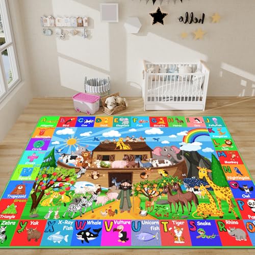 ABC Kids Rug for Playroom 59×39.4 in Noah's Ark Animals Rug Play Mat Alphabet Mat Shape Color Classroom Carpet Kids Playroom Early Learning Carpet for Preschool Tummy Time - color: Noah's Ark Animals, size: 39.4 × 59 inches (Rectangular)