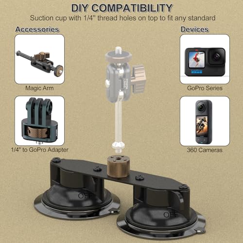 MINIFOCUS Double Suction Cup Mount, Twist-Lock Dual Suction Cup Base with Camera Thread Adapter, Quick Release Double-Layer Suction, Windshield Window Car Mount for Magic Arm - style: S1404