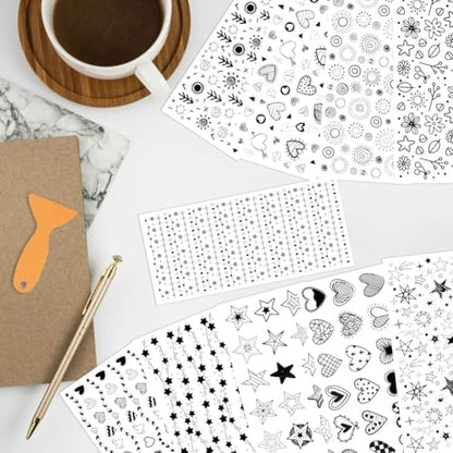 arricraft 10 Sheets Black and White Geometric Patterns UV DTF Cup Wrap for 16OZ Glass, Hearts Stars Flowers Rub on Decals PVC Transfer Stickers for DIY Cups Window Home Printing Decoration 24x11cm - style: Hearts Stars Flowers Theme