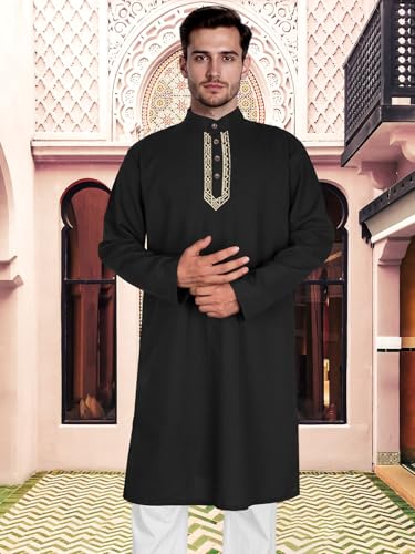 Men’s Kurta Kaftan Robe - Long Sleeve Cotton Linen Muslim Henley Shirt for Ramadan, Prayer & Daily Wear - color: Black, size: Large