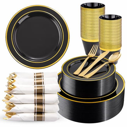 175PCS Black Gold Plastic Dinnerware Set for 25 Guests, Fancy Disposable Plates for Party, Include: 25 Dinner Plates, 25 Dessert Plates, 25 Pre Rolled Napkins with Gold Silverware, 25 Cups - color: Black and Gold