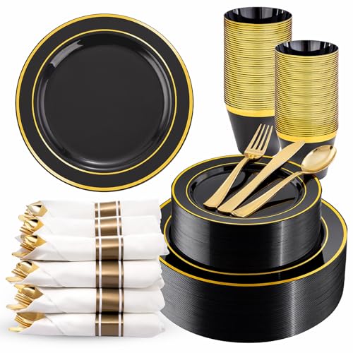 175PCS Black Gold Plastic Dinnerware Set for 25 Guests, Fancy Disposable Plates for Party, Include: 25 Dinner Plates, 25 Dessert Plates, 25 Pre Rolled Napkins with Gold Silverware, 25 Cups - color: Black and Gold