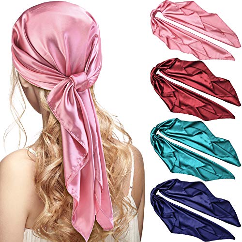 Syhood 4 Pcs 35 Inch Head Satin Large Bandana Satin Scarves Head Scarf for Women's Hair Square Scarf - color: Navy Blue, Wine Red, Skin Pink, Blue