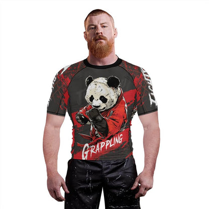 Panda Fighter Men's Short Sleeve Compression Rash Guard MMA Jiu Jitsu BJJ Grappling Base Layer Combat Shirt - color: V2, size: X-Small