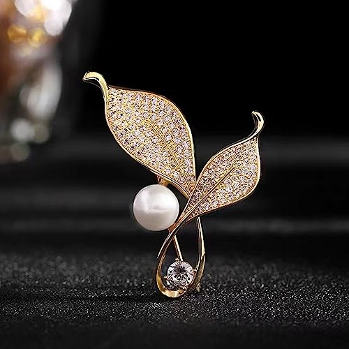 Crystal Pearl Flower Brooches Pins Fashion Beautiful Created Rhinestone Floral Brooch Good Idea for Party Dance Wedding Banquet for Elegant Women Girl - color: Gold Leaves