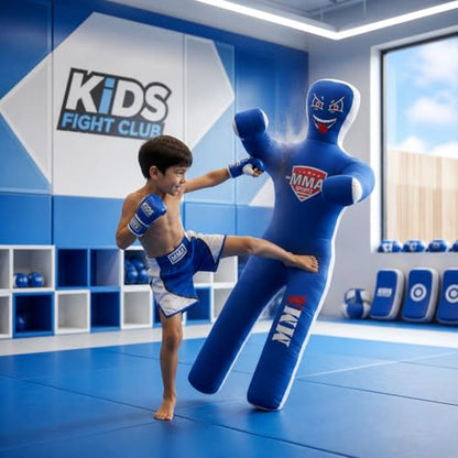 Kids Grappling Standing Dummy - Unfilled – Wrestling, Jiu-Jitsu, MMA Training Dummy with Moveable Arms and Legs – Durable Polyester Fabric - color: Blue-Stand, size: 4 ft-49 Inch