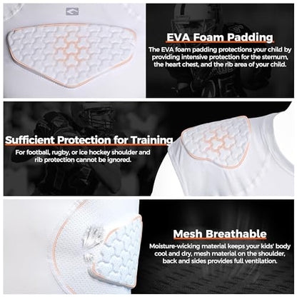 COOLOMG Youth Football Padded Shirt Chest Rib Protector | Football Compression Undershirt Heart Sternum Shoulder Protection - color: White, size: X-Small