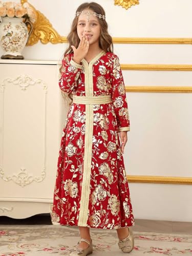 Girls Muslim Abaya Ramadan Prayer Dress V Neck Floral Middle East Arabic Kaftan - size: 10
