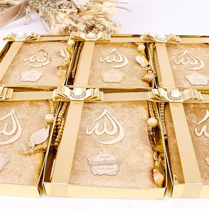 IEF Personalized Yaseen Dua Book Prayer Beads Islamic Gift Set, Ramadan Eid Wedding Birthday Anniversary Mother's Day Father's Day Gifts, Party Favors for Guests (Style-1) | Personalized Velvet Dua Book and Tasbeeh set - color: Gold