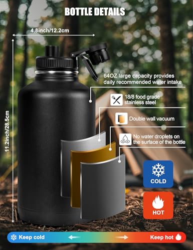 Tactical Half Gallon Water Bottle with Straw, 64 Oz Insulated Water Jug with Molle Water Bottle Holder, Stainless Steel Sport Bottle with 3 BPA Free Lids for Gym Workout Hiking (64oz-Black) - color: 64oz-Black