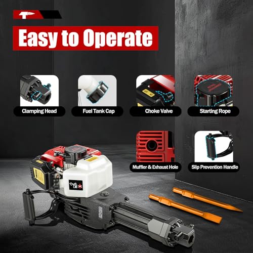 1900W 52CC Gas Powered Demolition Jack Hammer Concrete Breaker, 2 Stroke Air Cooling Gasoline Hammer Drill Tool with 2 Chisels for Building Construction and Ice Breaking Region