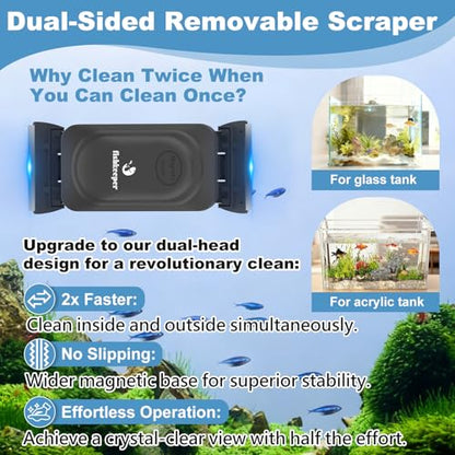 fishkeeper Dual-Blades Magnetic Aquarium Glass Cleaner with 4 Algae Scraper | 2-In-1 Floating Scrubber, Double Side Magnetic Fish Tank Cleaner for 0.24-0.4 Inch Thick Glass & Acrylic Aquarium Tanks (M) - size: M for Glass Thickness:0.394"