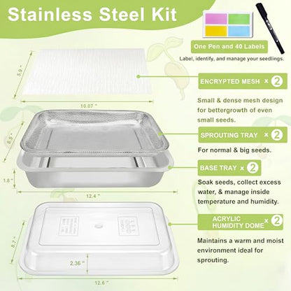 Microgreens Growing Kit with Lids 2-Tier 12.4 Inch Trays | Stainless Steel Seed Sprouter with 0.3mm Encrypted Silicone Mesh, Beans Broccoli Alfalfa and Wheatgrass Sprouts Growing Kit - size: 12.6"L × 8.7"W Tray with Lid