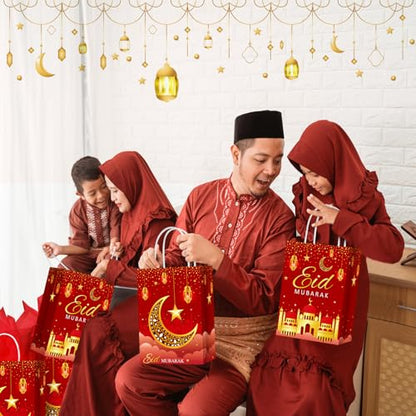 16 Sets Eid Mubarak Gift Bags with Tissue Paper, Ramadan Goodies Bags for Ramadan Party Supplies Favor (Red) - color: Red