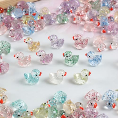 Cidinge 80 Pcs Mini Resin Ducks,10 Colors Sequin Miniature Ducks for DIY Projects Garden Dollhouse Aquarium Home Birthday Craft Party - style: 80pcs Glitter Ducks