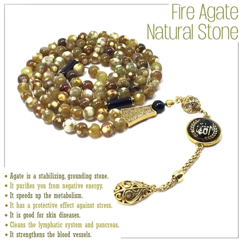 Special Prayer Beads Series -99 Beads- Tesbih Tasbih Tasbeeh Misbaha Masbaha Subha Sebha Sibha (Fire Agate Natural Stone -8 mm 99 Beads-) - color: Fire Agate Natural Stone -8 mm 99 Beads-