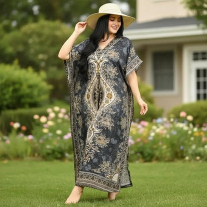 Women's Kaftan Dress – Loose Fit Maxi Gown – Kimono Style Beach Cover Up – Elegant Resort Wear and Nightwear - color: Grey