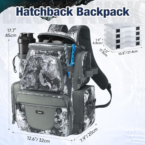 Piscifun Fishing Tackle Backpack with 2 Rod Holders, 4 Boxes & Rain Cover | Multi-pocket storage, fits 3600/3700 trays, bottle holder, padded straps for bank fishing - color: VEIL Camouflage