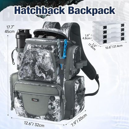 Piscifun Fishing Tackle Backpack with 2 Rod Holders, 4 Boxes & Rain Cover | Multi-pocket storage, fits 3600/3700 trays, bottle holder, padded straps for bank fishing - color: VEIL Camouflage
