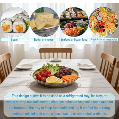 Golden Chilled Serving Tray for Parties 11.8" Compartments Ice Bowl Keeps Food Fruit Dish Cold Platter for Vegetable Seafood Shrimp Cocktail Appetizer Oysters Cheese - color: Golden