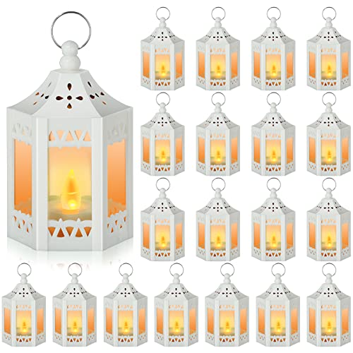 Hortsun 20 Pcs Mini Vintage Lantern Decorative Wedding Table Centerpiece LED Candles Lamp Battery Powered Hanging Tealight Lantern for Home Indoor Outdoor Party Decor(White) - color: White