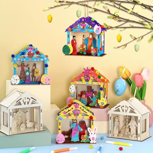 8Pcs Christian Easter Crafts Wooden House for Boy Girl & Adult, Religious Easter Activities DIY Kit with Jesus He Is Risen Egg Bunny, Spring Bible Art Gift for Basket Stuffers Party Favors Decor Bulk - style: Christian Easter