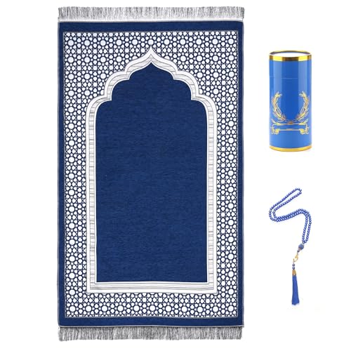 Muslim Prayer Rug Islamic Mat with Prayer Beads - Soft Chenille Janamaz Sajada Carpet Mat for Men Women - Ramadan Travel Eid Gifts (Blue with Box) - color: Blue
