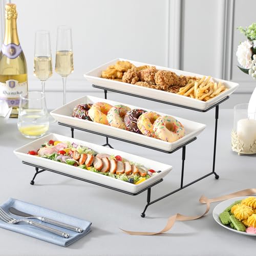 MALACASA 3 Tier Serving Tray, Porcelain Tiered Cupcake Stand, Ceramic Elevated Serving Platter with Collapsible Sturdier Rack,Series PLAT (White, 14 Inch) - color: White, size: 14 Inch