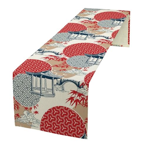 Japanese Maple Leaves Table Runner for Kitchen Dining Table, Asian Oriental Chinese Bridge Blue Red Line Art Table Runners for Office Wedding Party Holiday Home Decor, 13x36inch - color: Asian-21, size: W13"x L36"