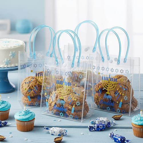 Aliceset 24 Pcs Hanukkah Gift Bags Bulk PVC Tote with Handles Clear Reusable Favor Bags with Star of David & Menorah Design for Hanukkah Party Decorations Supplies, 6.31" x 5.91" x 3.15" - style: Hanukkah