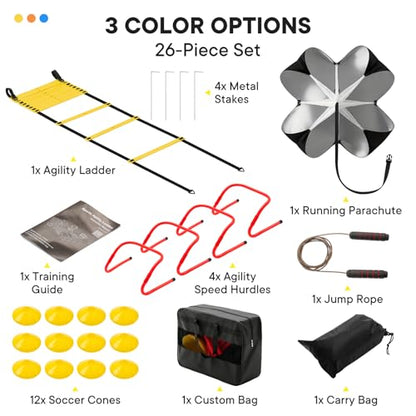 Agility Ladder Speed Training Equipment Set, 4 Adjustable Hurdles | 20 ft Ladder, 12 Cones, Jump Rope, Resistance Parachute, Soccer, Basketball, Football Practice Equipment for Youth, Adults