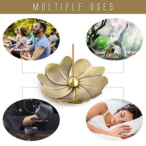Sakura Flower Incense Holder, 5PCS Bronze Incense Burner Holder with Silk Pouch, Two Styles Drop-Shape, Cylinder Multihole and Gourd-Shape Ash Catcher Yoga Room Bedroom Home Fragrance - color: Gold and Bronze, 5 Pcs