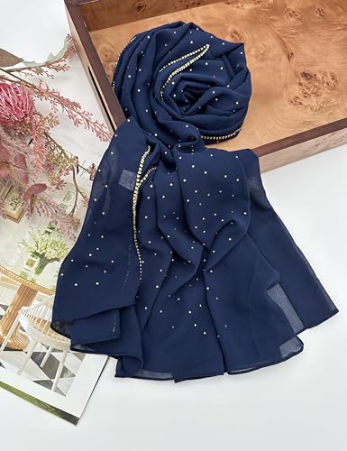 Hijab for Women Premium Chiffon Hijab Rhinestone Hijab Scraf for Women Muslim - color: Navy Blue
