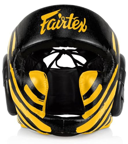 Fairtex Full Head Guard, Muay Thai MMA Sparring Helmet Protective Headgear | Handcrafted 3-layer padding shell. Lightweight sleek construction shields against elbows during high-intensity ring session - color: HG16M2 - Black/Gold Screen, size: Large