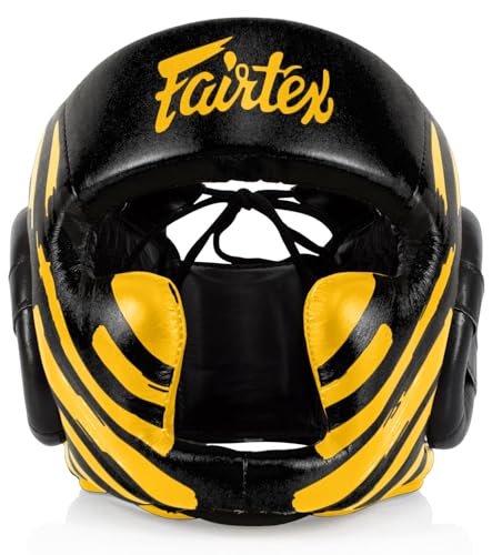 Fairtex Muay Thai & Boxing Headgear | Protective Sparring Head Guard with Adjustable Straps, Multi-Layer Padding, Enhanced Vision & Coverage - color: HG16M2 - Black/Gold Screen, size: X-Large