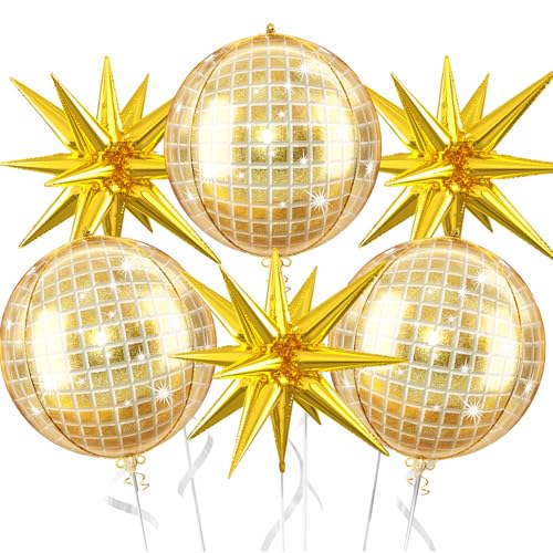 Gold Disco Balloons, 6 Pcs Shiny Foil for Prom Graduation New Year Party - style: Disco Gold