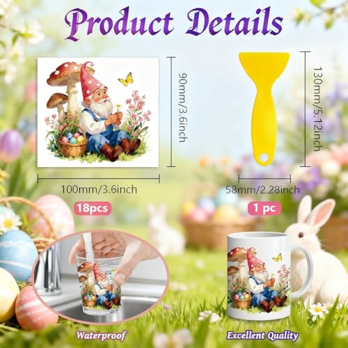 Peacoblue Easter Gnomes Rub On Transfers for Craft, Transfer Sticker | 18 Sheets UV DTF Transfers, Waterproof Rub On Decals for Wood, Glass, Furniture, Tumblers & Home Decor Crafts - style: Easter Gnomes with Eggs