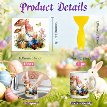 Peacoblue Easter Gnomes Rub On Transfers for Craft, Transfer Sticker | 18 Sheets UV DTF Transfers, Waterproof Rub On Decals for Wood, Glass, Furniture, Tumblers & Home Decor Crafts - style: Easter Gnomes with Eggs