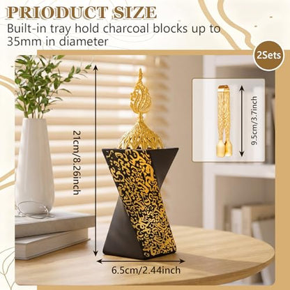 Zonon 2 Pcs Resin Incense Burners Bakhoor Burner with Tongs Charcoal Frankincense Censer Middle Eastern/Islamic Style Decorative for Yoga Spa Aromatherapy Meditation Office Home Decor (Black Gold)