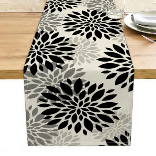 Black Dahlia Floral Pinnata Halloween Table Runne, Gifts for Women Mom - color: Monochrome Leaf Pattern