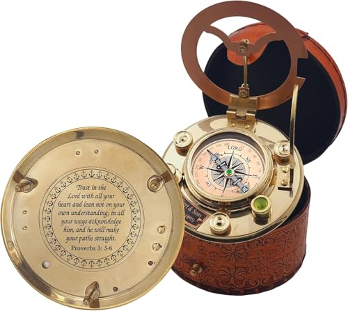 Trust in The Lord with All Your Heart -Proverbs 3: 5-6 Quote Engraved Compass with Leather Box, Sundal Compass, Gift Compass, Graduation Gifts Compass for Women Mens Boy Girls - color: Trust in the Lord