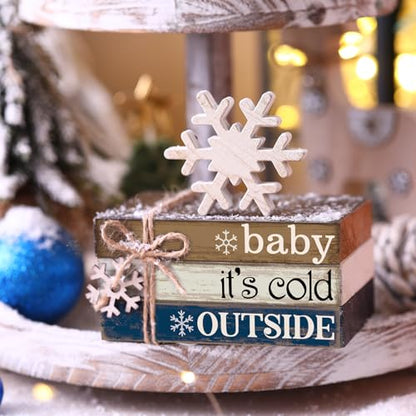 4 Pcs Winter Home Decor Winter Table Decorations Christmas Tiered Tray Decor Centerpiece Decorations Indoor Rustic Wooden Snowflake Block Sign Gift Farmhouse for Kitchen Shelf - style: Snow