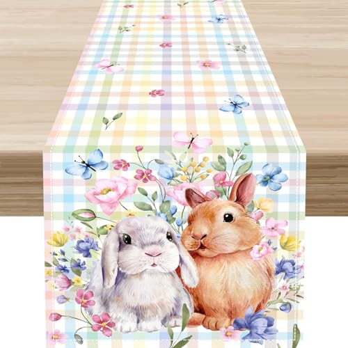 Easter Table Runner, Watercolor Bunny Rabbit Easter Eggs Flower Spring Summer Party Decorations and Supplies for Home Kitchen Table 13x36 inch - color: Easter-1, size: 13x36" Table Runner