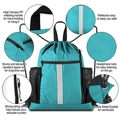 BeeGreen Teal String Backpack Bag Cinch Sack with Shoe Compartment and Two Zipper Pockets and Two Side Mesh Pockets Lightweight Large Drawstring Gym Sackpack for Men and Women - color: Teal, style: Drawstring With Shoe Compartment